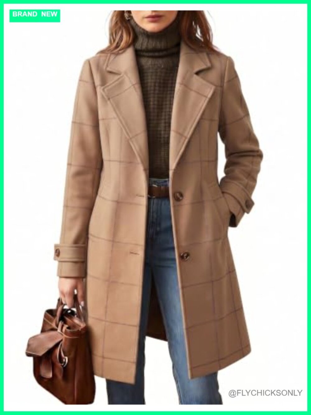 Wool Blend Plaid Mid Length Trench Coat Single Breasted Overcoat